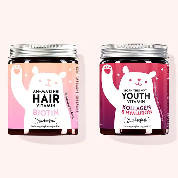 2er Set "Ultimate Hair & Skin Duo" bestehend aus den Ah-mazing Hair Vitamins zuckerfrei mit Biotin und den Born This Way Youth Vitamins mit Kollagen und Hyaluron von Bears with Benefits
