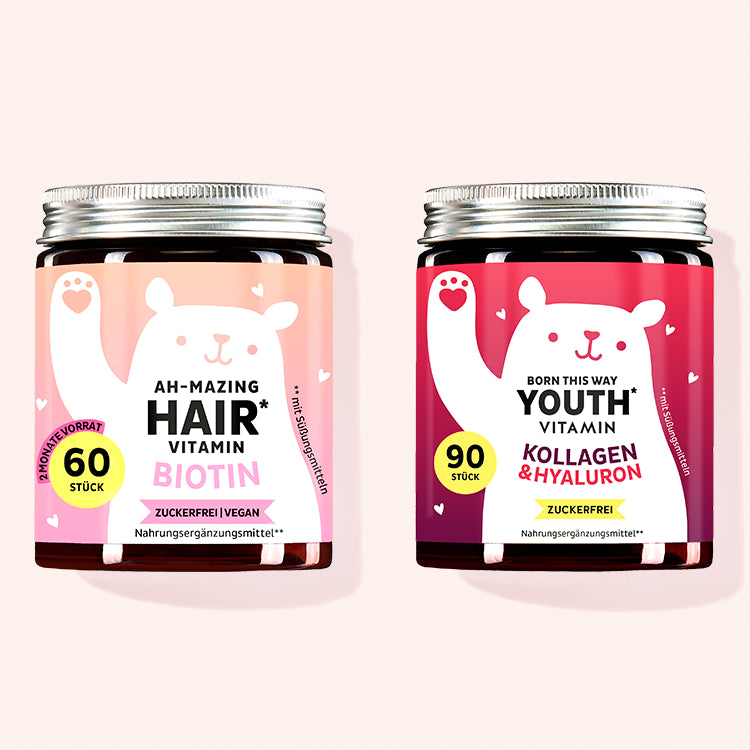 2er Set "Ultimate Hair & Skin Duo" bestehend aus den Ah-mazing Hair Vitamins zuckerfrei mit Biotin und den Born This Way Youth Vitamins mit Kollagen und Hyaluron von Bears with Benefits