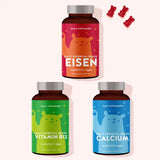 3er Bundle “Vegan Essentials: Vitamin B12, Eisen, Calcium” von Bears with Benefits bestehend aus den  Daily Essential Bears Eisen, Daily Essential Bears Vitamin B12 und Daily essential Bears Calcium.