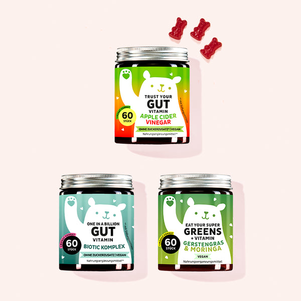 3er Set “Grüner Stoffwechsel Trio” bestehend aus den Trust your Gut Vitamins mit Apfelessig, den One in a Billion Gut Vitamins mit Bacillus coagulans und Inulin und den Eat your Super Greens mit Gerstengras, Moringa & 6 weiteren Greens von Bears with Benefits.