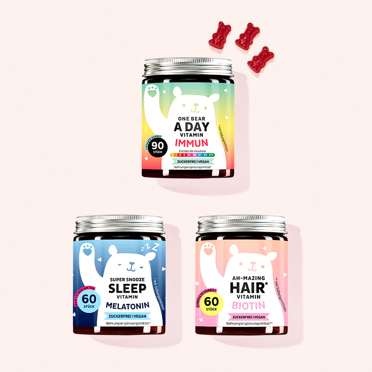 3er Bundle Jana Ina`s Favoriten von Bears with Benefits bestehend aus den Ah-Mazing Hair Vitaminen mit Biotin, den Super Snooze Sleep Vitaminen mit Melatonin und den One Bear A Day Vitaminen mit Immun Boost.