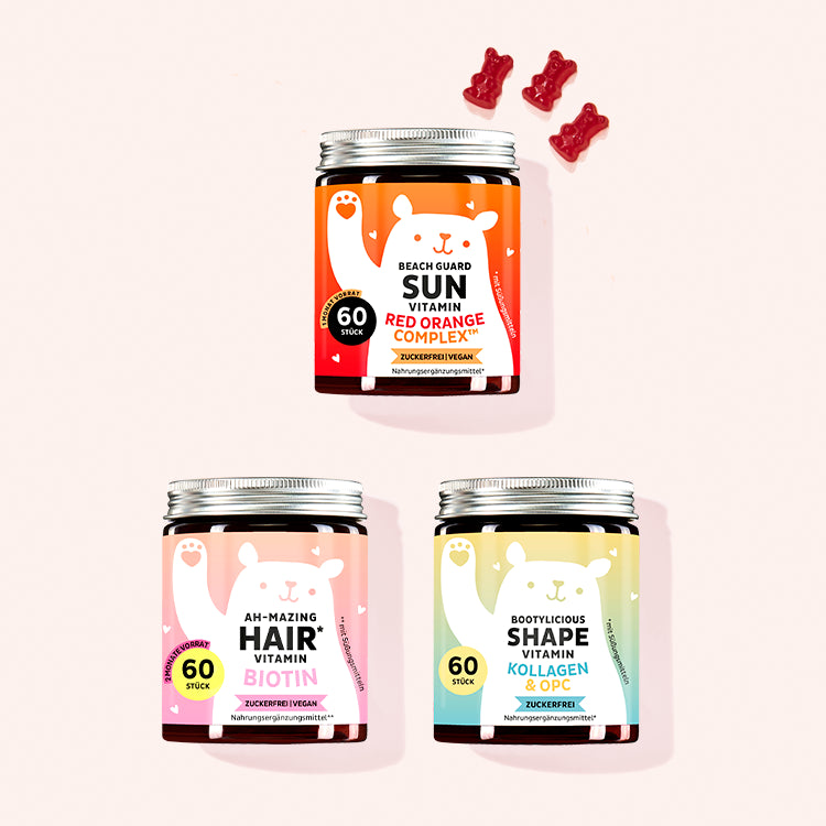 3er Set "Summer Vibes Trio" bestehend aus den Beach Guard Sun Vitamins mit Vitamin C und E, den Ah-mazing Hair Vitamins mit Biotin und den Bootylicious Shape Vitamins mit Kollagen und OPC von Bears with Benefits