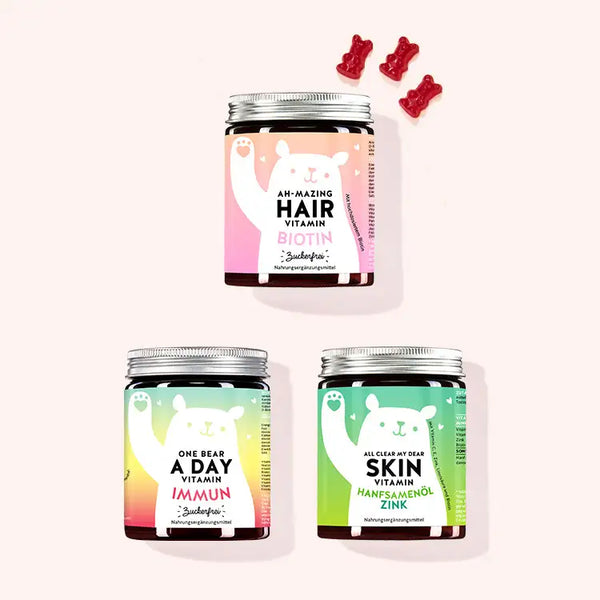  3er Set " Starter Kit: Trio für Haar, Haut & Wohlbefinden" bestehend aus den Ah-mazing Hait Vitamins zuckerfrei mit Biotin, den One Bear A Day Vitamins mit Immunkomplex und den All Clear My Dear Vitamins mit Hanfsamenöl und Zink von Bears with Benefits