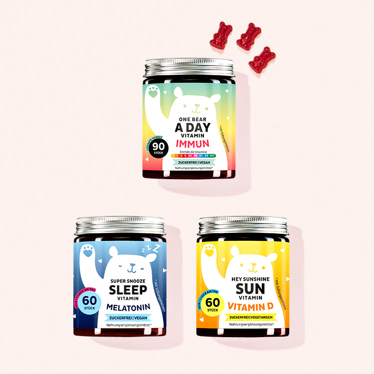 3er Set "Trio für dein Immunsystem" bestehend aus den One Bear A Day Vitamins mit Immunkomplex, den Super Snooze Sleep Vitamins mit Melatonin und den Hey Sunshine Sun Vitamins mit Vitamin D von Bears with Benefits