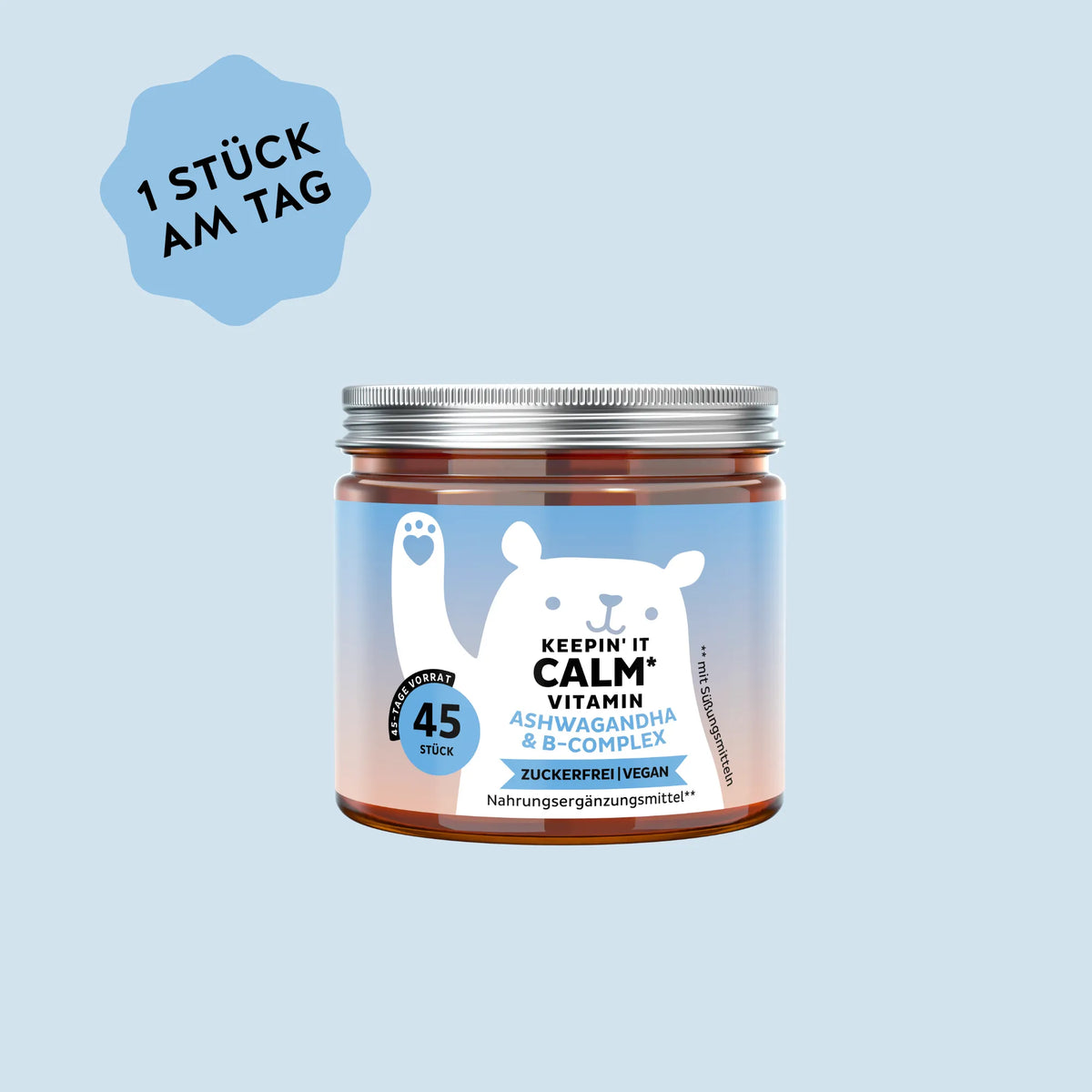 Bears with Benefits Keepin’ it Calm Vitamin – Vegane Ashwagandha & B-Complex Gummibärchen für normale Funktion des Nervensystems* mit Vitamin B1, B2, B6 & B12, Withanolide 4,25 mg & L-Theanin 10 mg pro Bärchen, 45 Stück, 45 Tage Vorrat, zuckerfrei, vegan