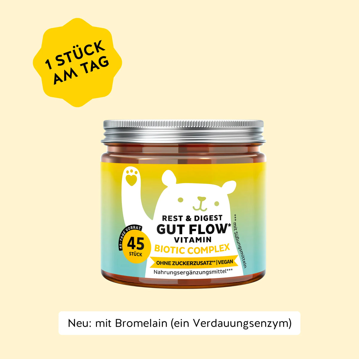 Bears with Benefits REST & DIGEST GUT FLOW* Vitamin – Vegane Biotic-Complex Gummibärchen für Darmflora & Verdauungsbalance, Bromelain 15 mg + Inulin 50 mg pro Bärchen, 45 Stück, neuer Biotic Complex, ohne Zuckerzusatz, vegan