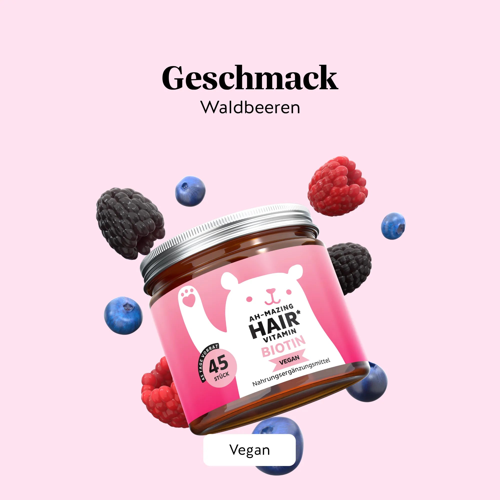 Bears with Benefits AH-MAZING Hair Vitamin – Vegane Biotin Gummibärchen mit Waldbeerengeschmack für Haarwachstum und Haut, 10.000 µg Biotin pro Bärchen, 45 Stück, natürlicher Geschmack, vegan
