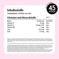Bears with Benefits AH-MAZING Hair Vitamin – Nährwerttabelle und Inhaltsstoffe: Biotin 10.000 µg, Vitamin C 12 mg, Vitamin E 1,8 mg, Vitamin B6 1 mg, Jod 22,5 µg, Zink 1,5 mg, Tagesdosis 1 Stück, 45 Stück Packung