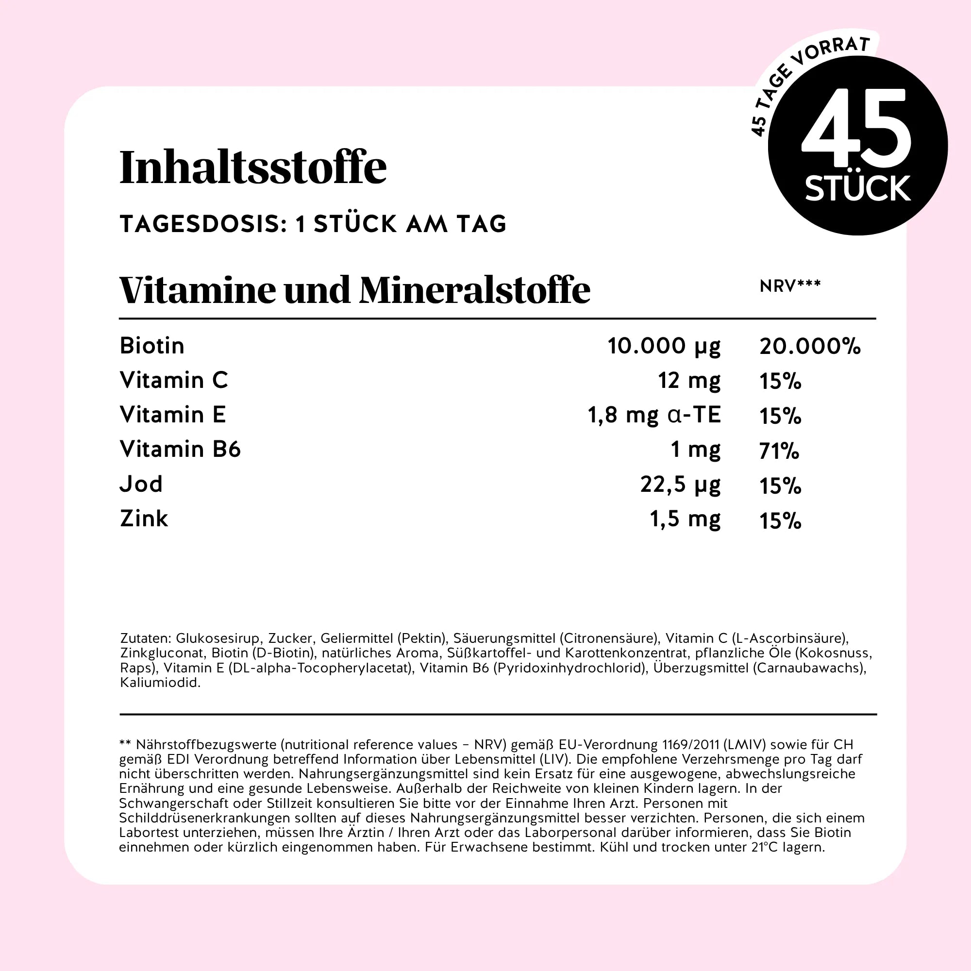Bears with Benefits AH-MAZING Hair Vitamin – Nährwerttabelle und Inhaltsstoffe: Biotin 10.000 µg, Vitamin C 12 mg, Vitamin E 1,8 mg, Vitamin B6 1 mg, Jod 22,5 µg, Zink 1,5 mg, Tagesdosis 1 Stück, 45 Stück Packung