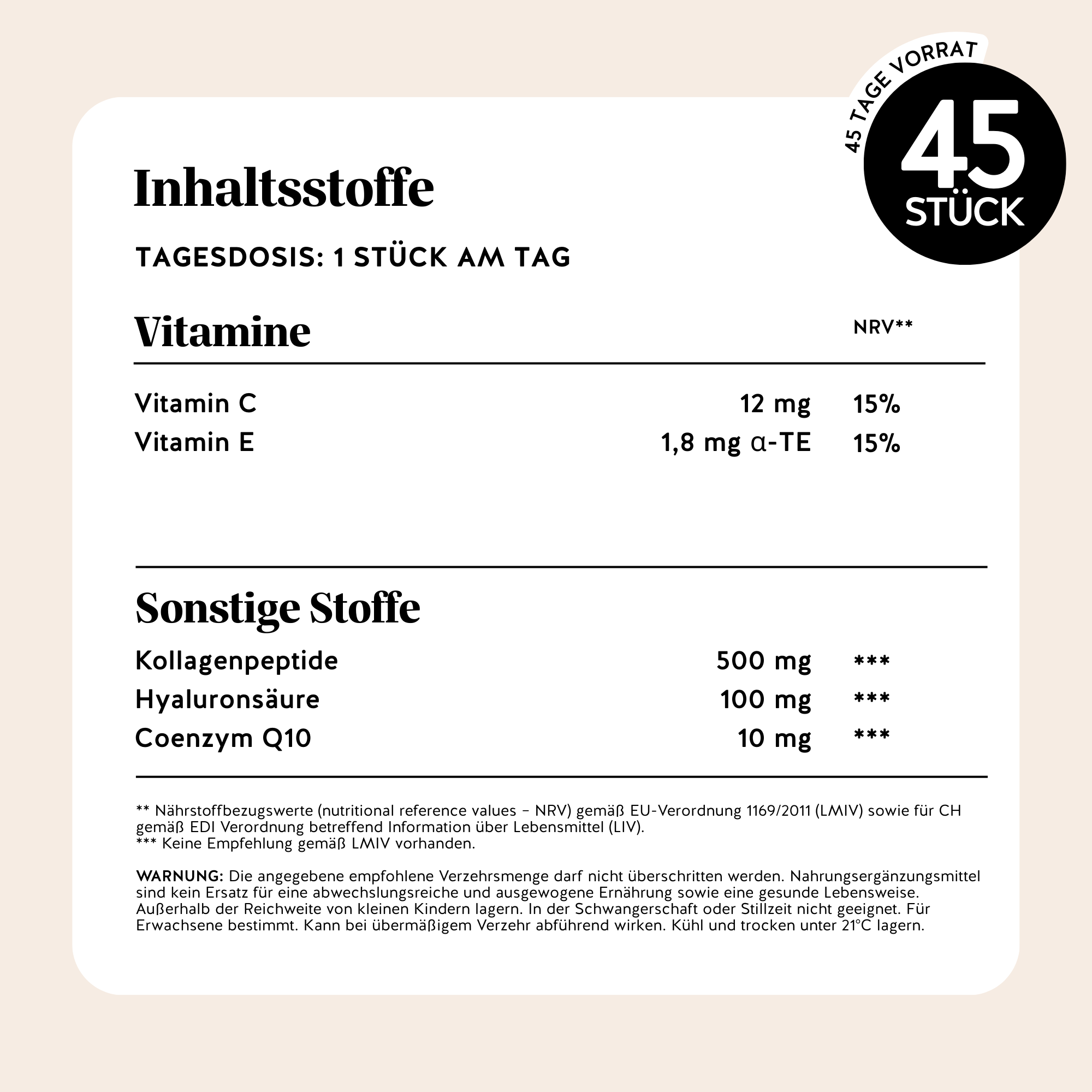 Bears with Benefits Forever Young SKIN Vitamin – Nährwerttabelle und Inhaltsstoffe: Vitamin C 12 mg, Vitamin E 1,8 mg α-TE, Kollagenpeptide 500 mg, Hyaluronsäure 100 mg, Coenzym Q10 10 mg, Tagesdosis 1 Stück, 45 Stück Packung, zuckerfrei