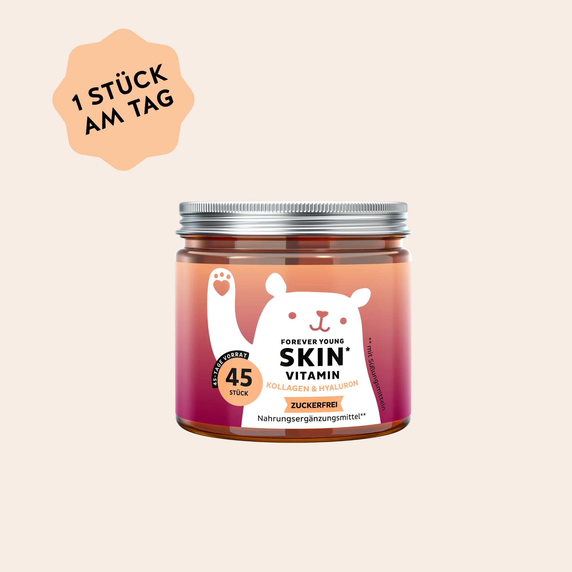 Bears with Benefits Forever Young SKIN Vitamin – Kollagen & Hyaluron Gummibärchen für normale Kollagenbildung und normale Funktion der Haut, 500 mg Kollagenpeptide + 100 mg Hyaluronsäure pro Bärchen, 45 Stück, 45 Tage Vorrat, zuckerfrei