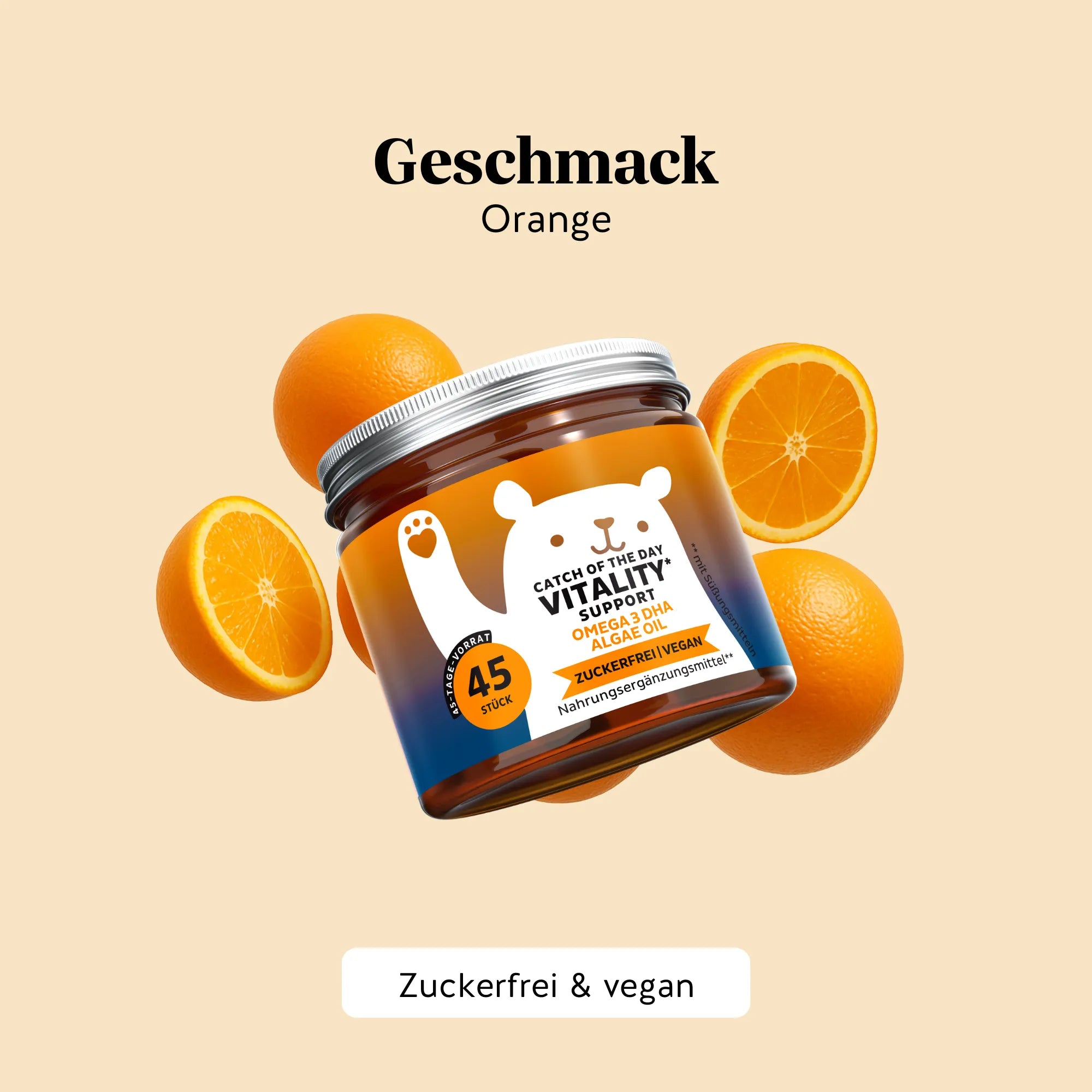 Angenehmer Geschmack der Catch of the Day Vitality Support Gummibärchen mit Omega-3 DHA und Vitamin C von Bears with Benefits – einfach und lecker zu verzehren. 45er-Dose.