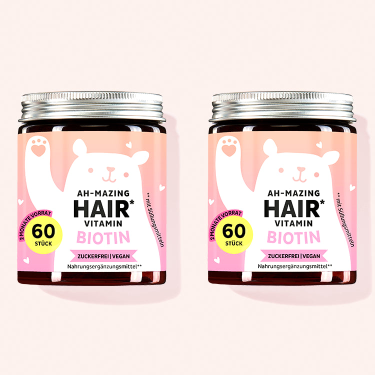 Die Ah-Mazing Hair Vitamine mit Biotin (zuckerfrei) von Bears with Benefits als 4 Monatskur.