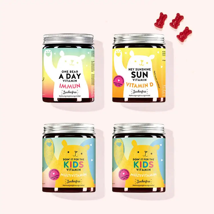 4er Set "Family Winter Bundle" bestehend aus den One Bear A Day Immun Vitamins mit Multivitamin-Komplex, den Hey Sunshine Sun Vitamins mit Vitamin D und den Doin' It For The Kids Vitamins mit Multivitamin von Bears with Benefits