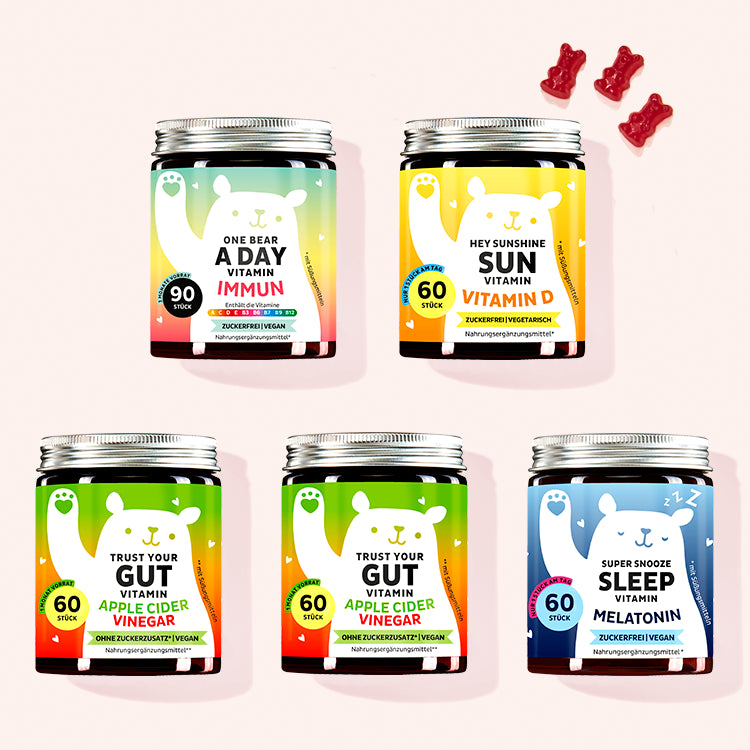 5er Set "Complete Health Bundle" bestehend aus den One Bear A Day Immun Vitamins mit Multivitamin-Komplex, den Hey Sunshine Sun Vitamins mit Vitamin D, den Trust Your Gut Vitamins mit Apfelessig und den Super Snooze Sleep Vitamins mit Melatonin von Bears with Benefits