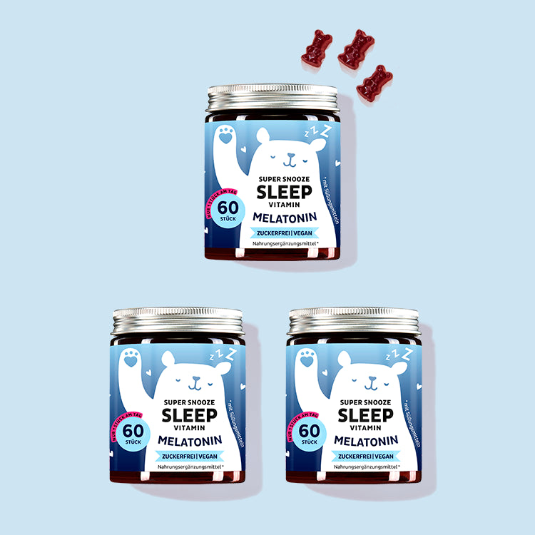 Die Super Snooze Sleep Vitamine mit Melatonin von Bears with Benefits als 3 Monatskur.