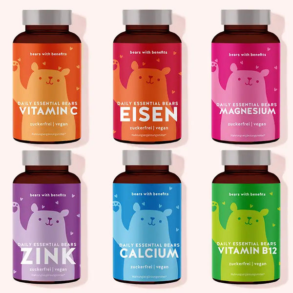 6er Bundle “Complete Essentials Set” von Bears with Benefits bestehend  aus allen Produkten der Produktlinie Daily Essential Bears mit Vitamin C, Eisen, Magnesium, Zink, Calcium, Vitamin b12.