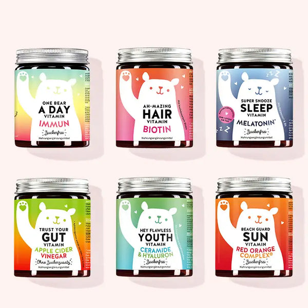 6er Set "Allround Starter Kit" bestehend aus den One Bear A Day Immun Vitamins mit Multivitamin-Komplex, den Ah-mazing Hair Vitamins mit zuckerfrei, den Super Snooze Sleep Vitamins mit Melatonin, den Trust Your Gut Vitamins mit Apfelessig, den Hey Flawless Youth Vitamins mit Ceramiden und Hyaluron sowie den Beach Guard Sun Vitamins mit Vitamin E und C von Bears with Benefits