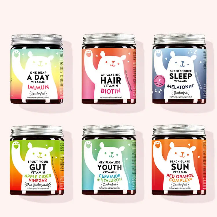 6er Set "Allround Starter Kit" bestehend aus den One Bear A Day Immun Vitamins mit Multivitamin-Komplex, den Ah-mazing Hair Vitamins mit zuckerfrei, den Super Snooze Sleep Vitamins mit Melatonin, den Trust Your Gut Vitamins mit Apfelessig, den Hey Flawless Youth Vitamins mit Ceramiden und Hyaluron sowie den Beach Guard Sun Vitamins mit Vitamin E und C von Bears with Benefits