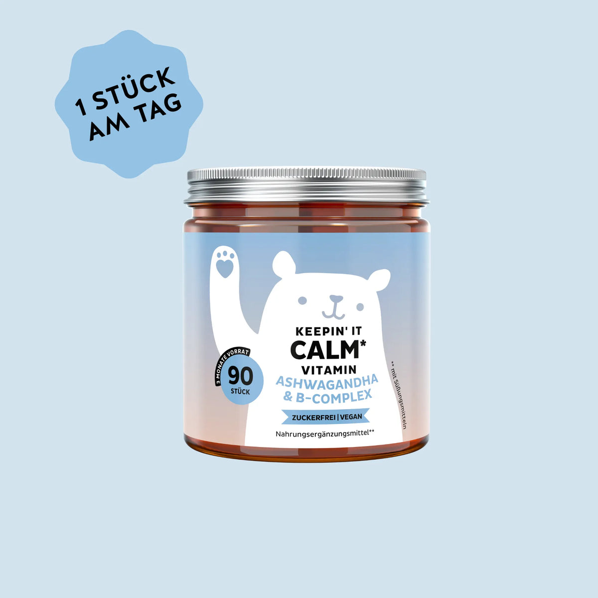 Bears with Benefits Keepin’ it Calm Vitamin – Vegane Ashwagandha & B-Complex Gummibärchen für normale Funktion des Nervensystems, Withanolide 4,25 mg und L-Theanin 10 mg pro Bärchen, 90 Stück, 3 Monate Vorrat, zuckerfrei & vegan