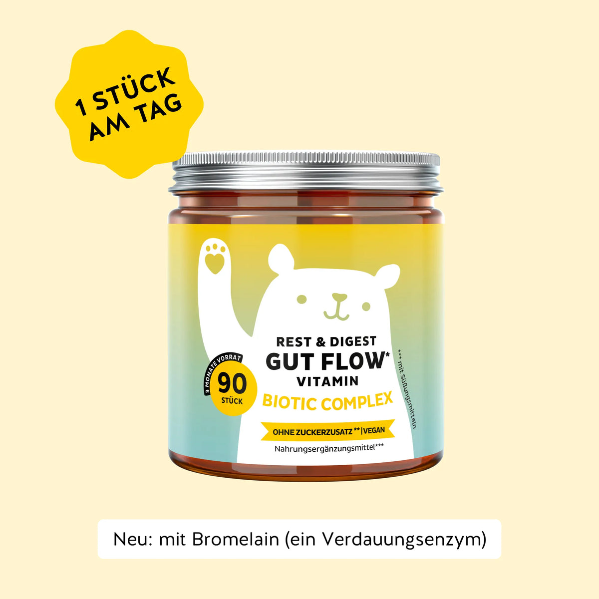 Bears with Benefits REST & DIGEST GUT FLOW* Vitamin – Vegane Biotic-Complex Gummibärchen für Darmflora & Verdauungsbalance, Bacillus coagulans 1 Milliarde KBE + Vitamin B6 1,4 mg pro Bärchen, 90 Stück, 3 Monate Vorrat, neuer Biotic Complex, ohne Zuckerzusatz, vegan