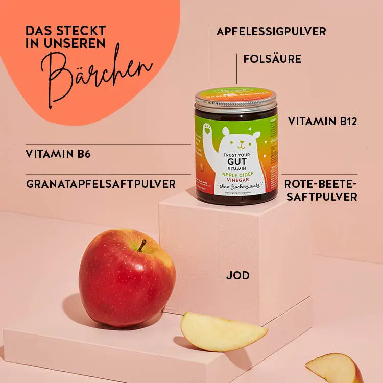 Diese Inhaltsstoffe und Nährstoffe stecken in den Trust your Gut Vitamins von Bears with Benefits: Granatapfelsaftpulver, Rote-Beete Saftpulver, Apfelessigpulver, Folsäure, Jod, Vitamin B6 und Vitamin B12.