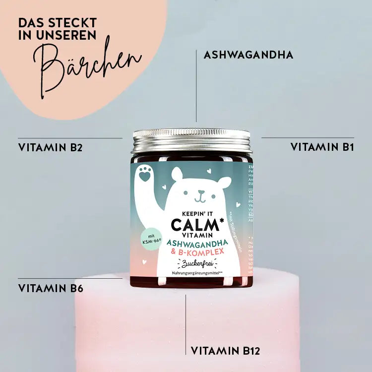 Auf diesem Bild sind die Inhaltsstoffe der Keepin `It Calm Bärchen mit Ashwagandha & B-Komplex von Bears with Benefits dargestellt. Ashwaganda, Vitamin B2, Vitamin B6, Vitamin B12 und Vitamin B1.