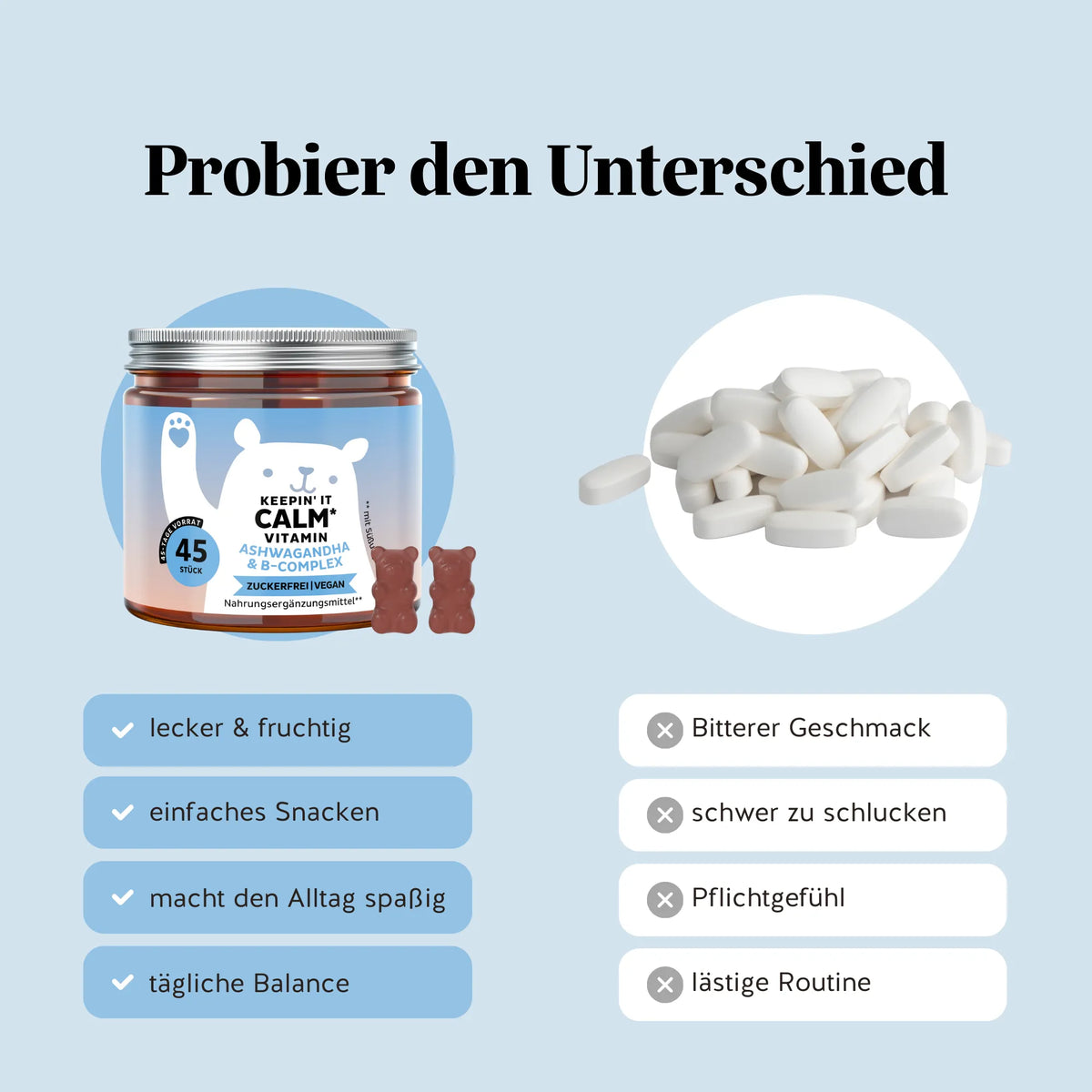 Bears with Benefits Keepin’ it Calm Vitamin – Vergleich Gummibärchen vs. Tabletten: lecker, einfach einzunehmen und zuckerfrei & vegan, Ashwagandha & B-Complex Gummies mit Withanoliden 4,25 mg und L-Theanin 10 mg pro Bärchen