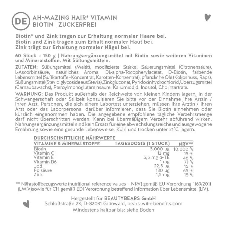 Liste die komplette Inhaltsstoffe von Produkt Ah Mazing Hair. Gummibärchen mit Biotin für die Haare. 