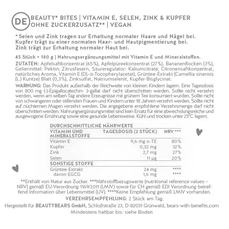 Hier sind die Inhaltsstoffe und Nährwertangaben unserer Beauty Bites zu sehen.