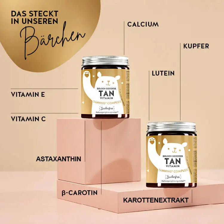 Auf diesem Bild sind die Inhaltsstoffe der Golden Goddes Tan Bärchen mit Beta Carotin dargestellt. Beta Carotin, Astaxanthin, Vitamin C und E, Calcium, Lutein, Kupfer und Karottenextrakt.