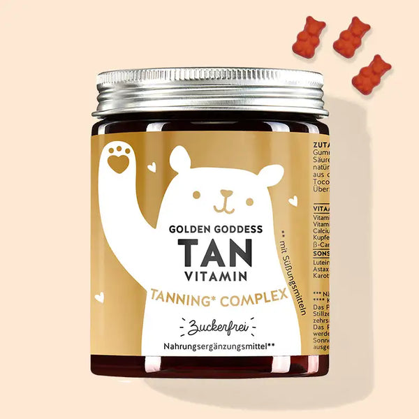 Auf diesem Bild ist eine Dose des Produkts Golden Goddess Tan mit Beta Carotin von Bears with Benefits abgebildet.