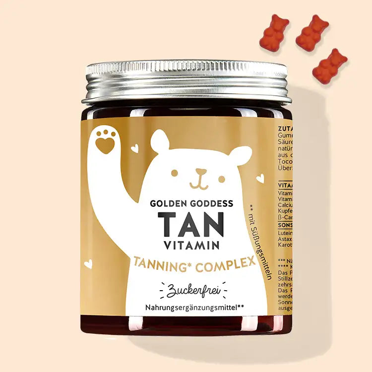 Auf diesem Bild ist eine Dose des Produkts Golden Goddess Tan mit Beta Carotin von Bears with Benefits abgebildet.