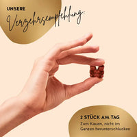 Auf diesem Bild ist die Verzehrempfehlung für die Golden Goddess Tan Bärchen mit Beta Carotin dargestellt. 2 Stück am Tag - zum Kauen, nicht im Ganzen herunterschlucken.