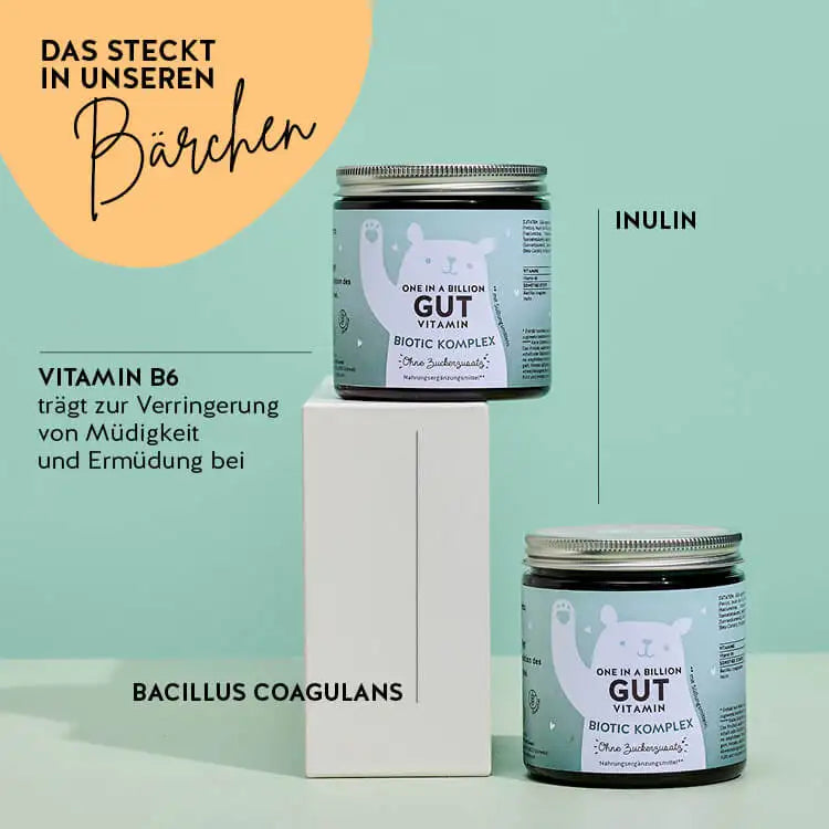 Diese Inhaltsstoffe und Nährstoffe stecken in den One in a Billion Gut Vitamins von Bears with Benefits: Vitamin B6, Inulin und Bacillus Coagulans.