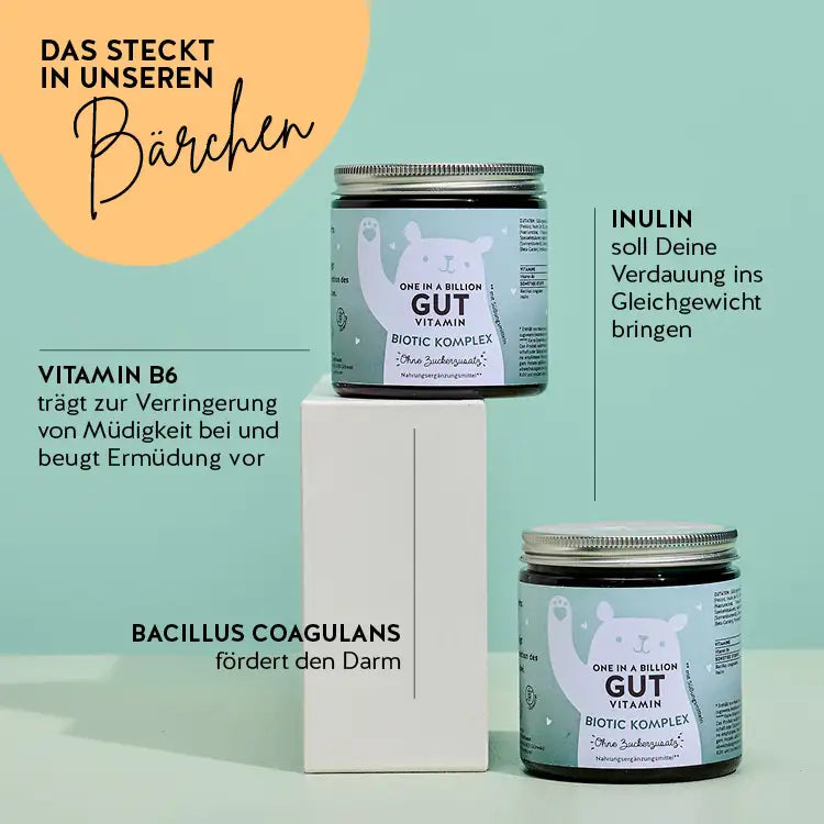 Diese Inhaltsstoffe und Nährstoffe stecken in den One In A Billion Gut Vitamins von Bears with Benefits: Vitamin B6, Inulin und Bacillus Coagulans.