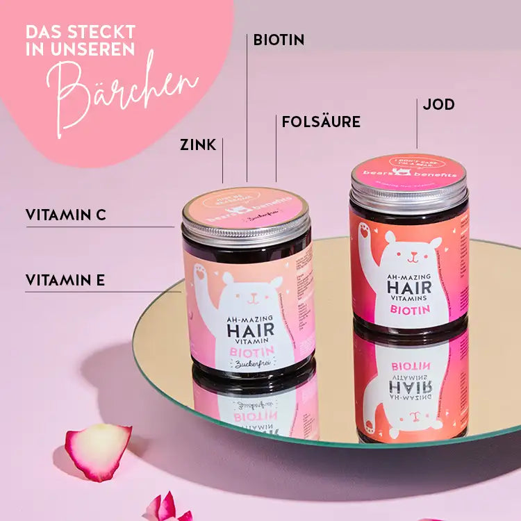Die Inhaltsstoffe der Biotin Ah-Mazing Hair Bärchen von Bears with Benefits. Vitamin E und C, Zink, Biotin, Folsäure und Jod