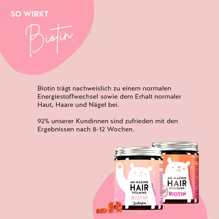 So wirken die Ah-Mazing Hair Vitamine mit Biotin: Biotin trägt nachweislich zu einem normalen Energiestoffwechsel sowie dem Erhalt normaler Haut, Haare und Nägel bei.