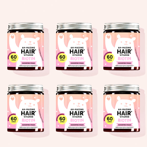 Die Ah-Mazing Hair Vitamine mit Biotin (zuckerfrei) von Bears with Benefits als 12 Monatskur.