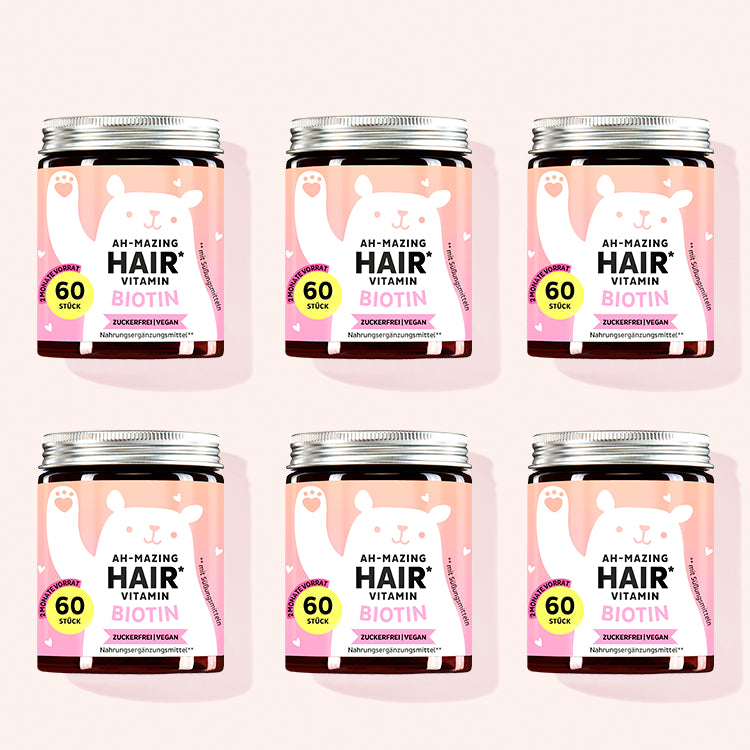 Die Ah-Mazing Hair Vitamine mit Biotin (zuckerfrei) von Bears with Benefits als 12 Monatskur.