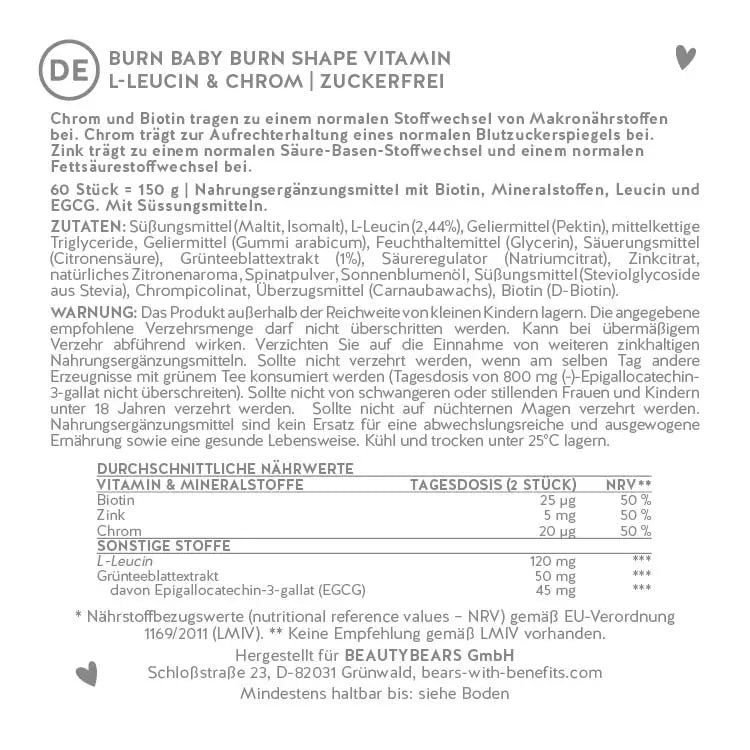 Das Bild zeigt die komplette Liste von Inhaltsstoffe von Burn Baby Burn Shape Vitamine in Gummibärchenform. 