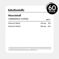 Bears with Benefits Daily Essentials Calcium – Inhaltsstoffe und Nährwerttabelle pro Tagesdosis 1–2 Stück: Calcium 250 mg pro Stück 31% NRV**, Calcium 500 mg pro 2 Stück 63% NRV**, 60 Stück, 2 Monate Vorrat, Mineralstoff, Nahrungsergänzungsmittel, Hinweis gemäß EU-Verordnung 1169/2011 und CH LIV