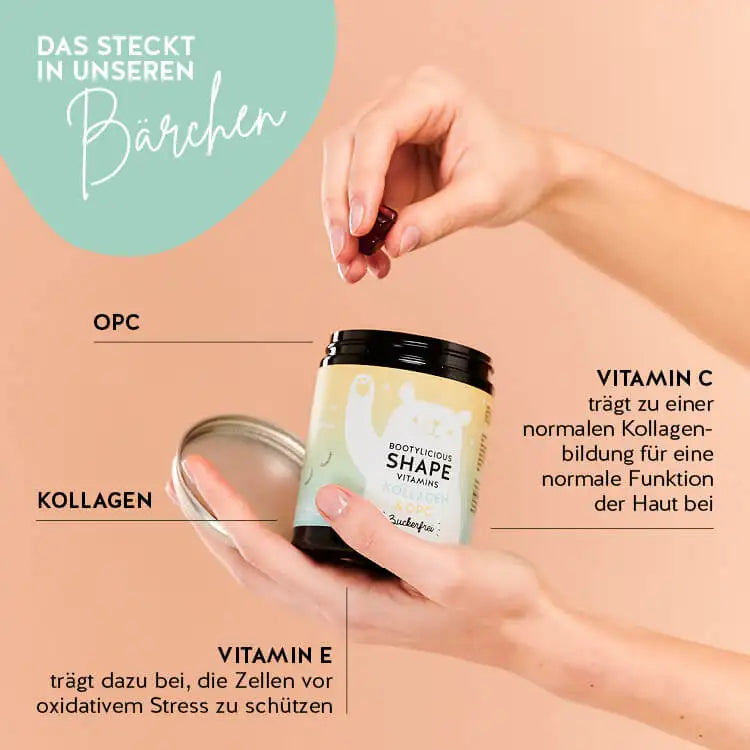 Diese Inhaltsstoffe und Nährstoffe stecken in den Bootylicious Shape Vitamins von Bears with Benefits: OPC, Kollagen sowie Vitamin C und E.
