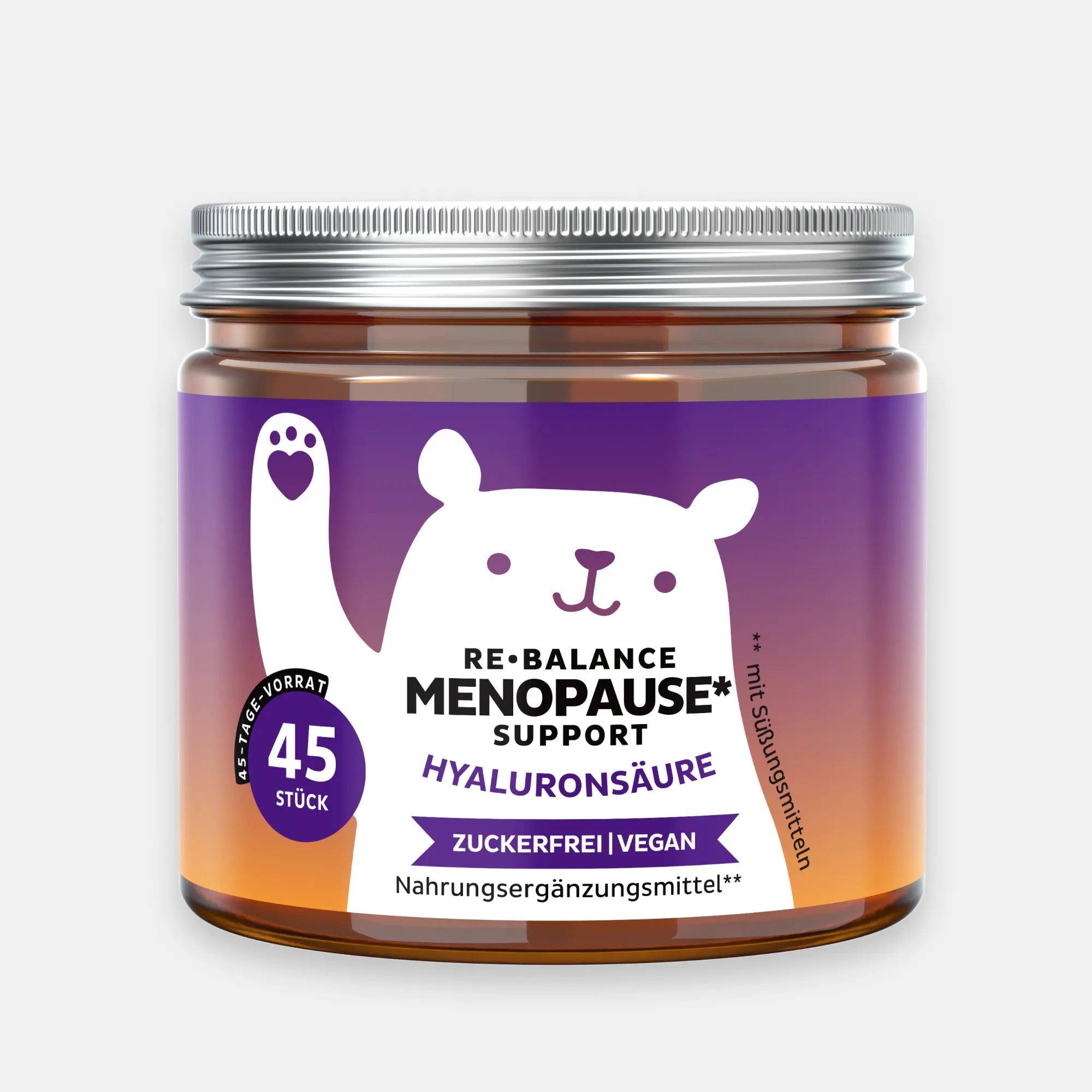 Bears with Benefits Re-Balance Menopause Support – Vegane Hyaluronsäure Gummibärchen für Unterstützung während der Menopause, 25 mg Hyaluronsäure pro Bärchen, 45 Stück, 45 Tage Vorrat, zuckerfrei und vegan