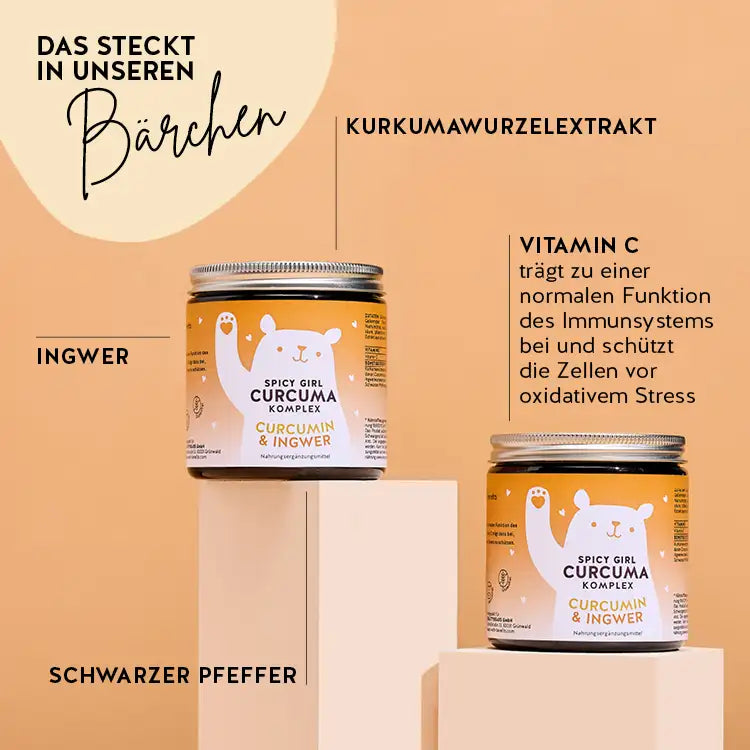 Diese Inhaltsstoffe und Nährstoffe stecken in den Spicy Girl von Bears with Benefits: Kurkumawurzelextrakt, Vitamin C, Ingwer und Schwarzer Pfeffer.