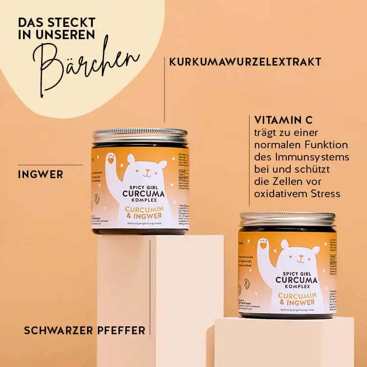 Diese Inhaltsstoffe und Nährstoffe stecken in den Spicy Girl von Bears with Benefits: Kurkumawurzelextrakt, Vitamin C, Ingwer und Schwarzer Pfeffer.