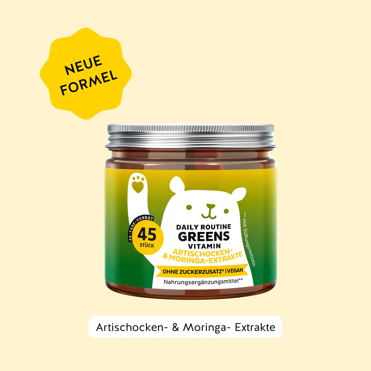 Bears with Benefits DAILY ROUTINE GREENS VITAMIN – vegane Gummibärchen ohne Zuckerzusatz mit 8 Pflanzenextrakten, Vitaminen und Mineralstoffen für Energie, Abwehrkräfte und Konzentration, 45 Bärchen mit natürlichem Heidelbeer- und Himbeergeschmack
