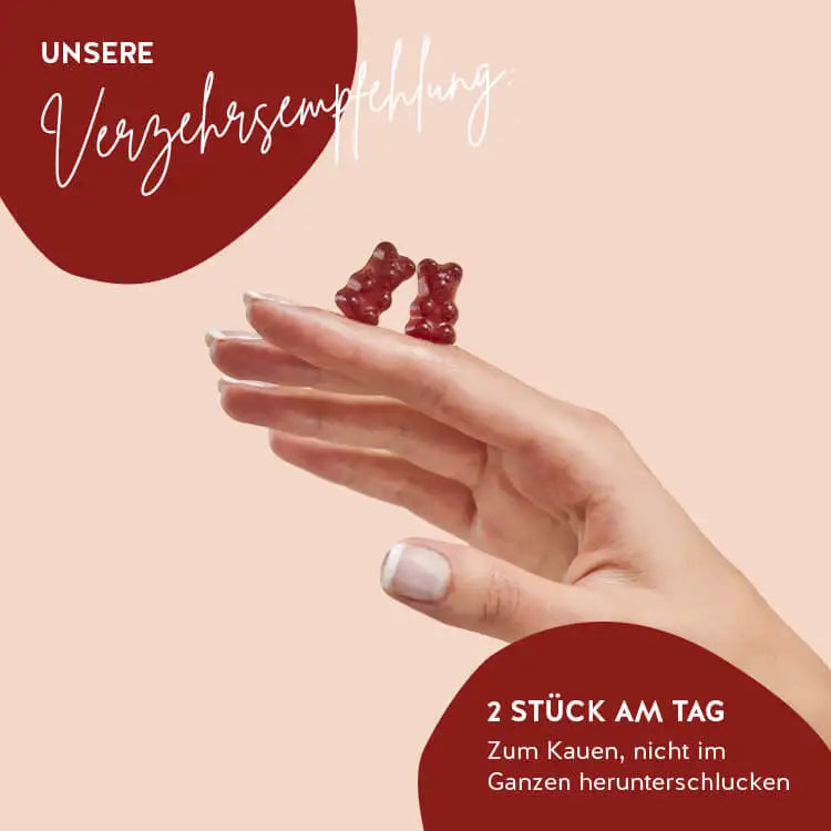 Auf diesem Bild ist die Verzehrempfehlung für die Iron Vegan Lady Bärchen mit Eisen dargestellt. 2 Stück am Tag - zum Kauen, nicht im Ganzen herunterschlucken.