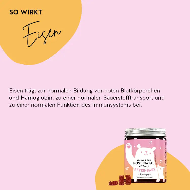 So wirken die Mama Bear Post-Natal Vitamins von mit Eisen und Selen: Eisen trägt zur normalen Bildung von roten Blutkörperchen und Hämoglobin, zu einem normalen Sauerstofftransport und zu einer normalen Funktion des Immunsystems bei.