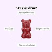 Inhaltsstoffe der Femtastic PMS Vitamine von Bears with Benefits, mit Vitamin B6 sowie ausgewählten Pflanzenextrakten wie Mönchspfeffer, Melisse und Dong Quai.